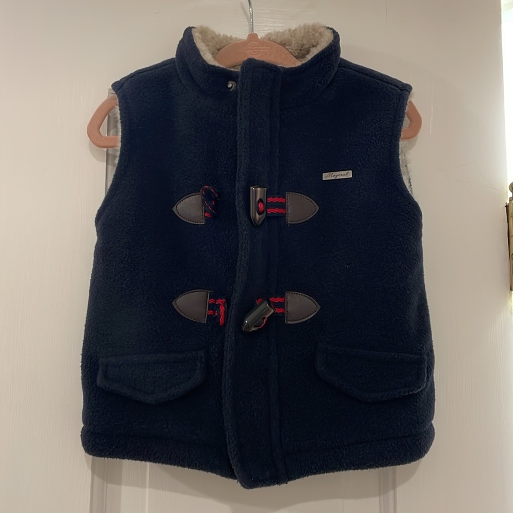 Mayoral Boy’s Navy Vest Toggle Buttons Faux Fur Lined 9 Mo EUC Spanish Design